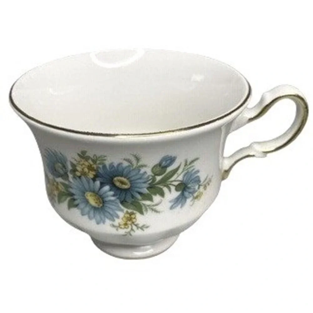 Queen Anne English Bone China Tea Cup Saucer Set Blue Daisy Pattern 8542 Vintage
